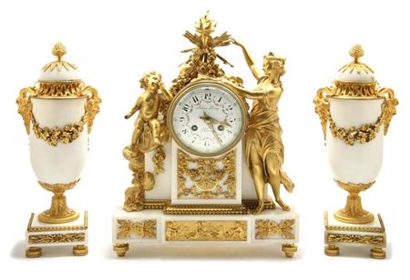 Lot image - Louis XVI Gilt-Bronze and Gilt-Metal Mounted Marble Figural Mantel Clock
