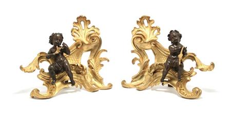 Lot image - Pair of Louis XV Style Gilt and Patinated-Bronze Figural Chenets