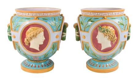 Lot image - Pair of Mintons Majolica Allegorical Jardinieres
