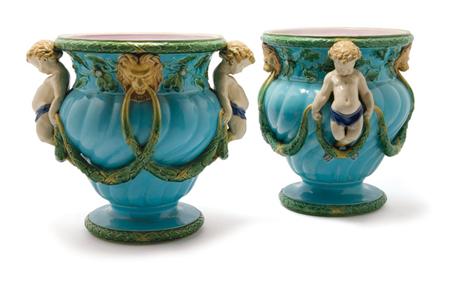 Lot image - Pair of Minton Majolica Figural Jardinieres