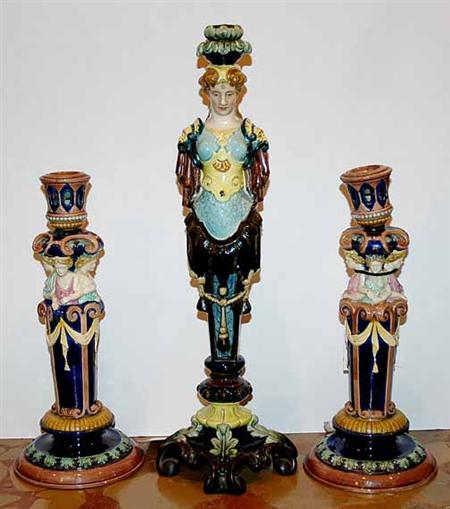 Lot image - Group of Three Majolica Figural Candlesticks