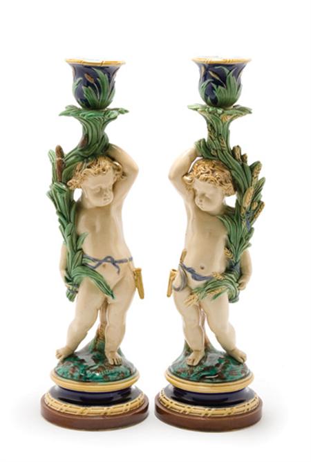 Lot image - Assembled Pair of Minton Majolica Figural Candlesticks