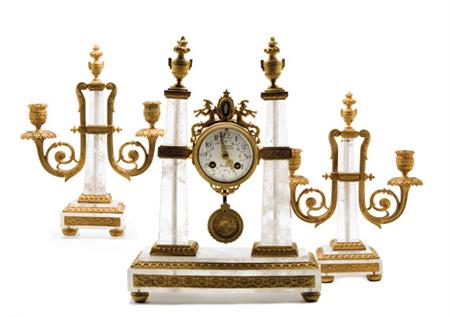 Lot image - Louis XVI Style Gilt-Bronze Mounted Rock Crystal Clock Garniture