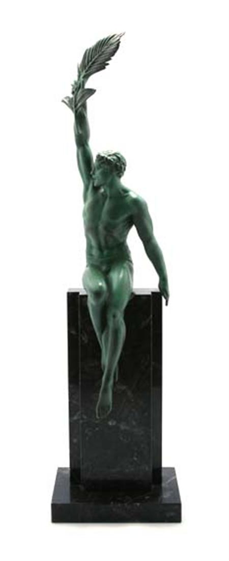 Lot image - Green Spelter Figure of a Victorious Athlete