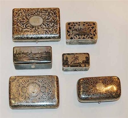 Lot image - Miscellaneous Group of Nine Russian Niello Silver Boxes