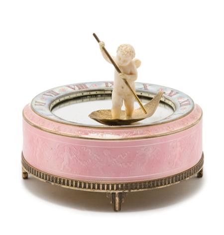 Lot image - Swiss Guilloche Enameled Silver and Ivory Mirrored Mystery Clock