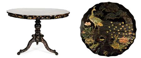 Lot image - Victorian Style Mother-of-Pearl and Abalone Inlaid Black Lacquered Tilt-Top Center Table