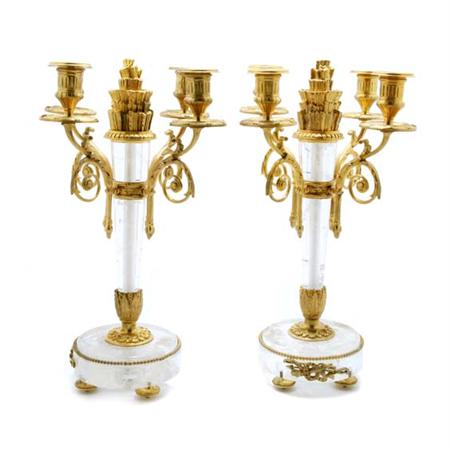 Lot image - Pair of Empire Style Gilt-Metal Mounted Rock Crystal Four-Light Candelabra