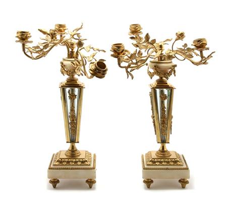 Lot image - Pair of Transitional Louis XV/XVI Style Gilt-Metal, Marble and Colorless Glass Three-Light Candelabra