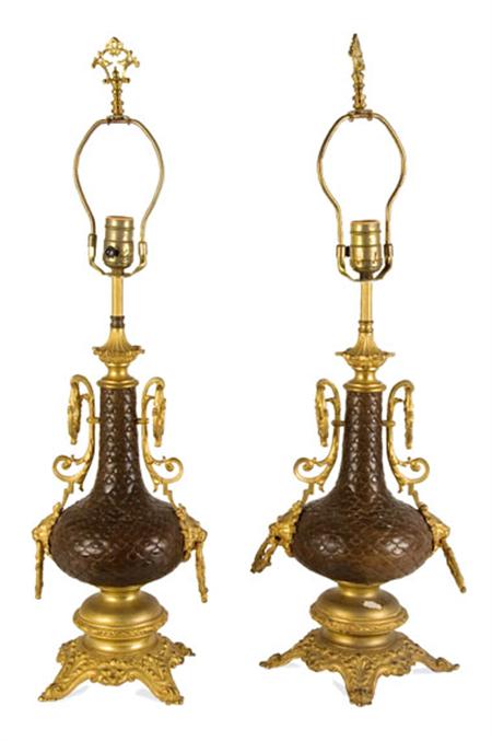 Lot image - Pair of Anglo-Japanese Style Parcel Gilt Bronze Lamps