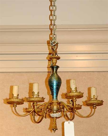 Lot image - American Art Glass and Painted Metal Six-Light Chandelier