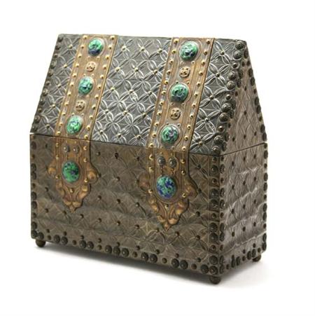 Lot image - English Arts and Crafts Enamel Decorated Embossed Brass and Pewter Box