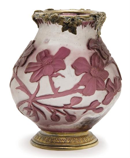 Lot image - Burgun Schverer Verrerie DArt De Lorraine Metal Mounted Acid Etched and Wheel Carved Cameo Glass Cabinet Vase