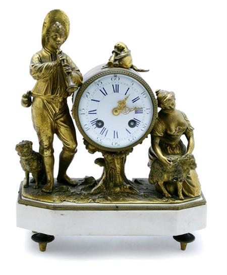 Lot image - Transitional Louis XV/XVI Style Gilt-Metal Figural Mantel Clock