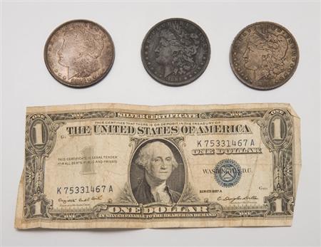 Lot image - Three U.S. Silver Dollars and Two One Dollar Bills