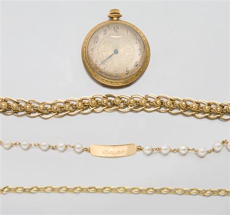 Lot image - Group of Assorted Gold and Metal Jewelry and One Gold-Filled Pocket Watch