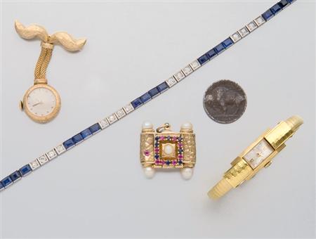 Lot image - Platinum, Diamond and Synthetic Sapphire Straightline Bracelet and Group of Assorted Gold and Metal Jewelry