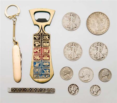 Lot image - Group of U.S. and Foreign Coins and Group of Metal Jewelry and Pocket Knives