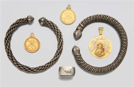 Lot image - Two U.S. Five Dollar Gold Coin Pendants and Group of Assorted White Gold and Metal Jewelry