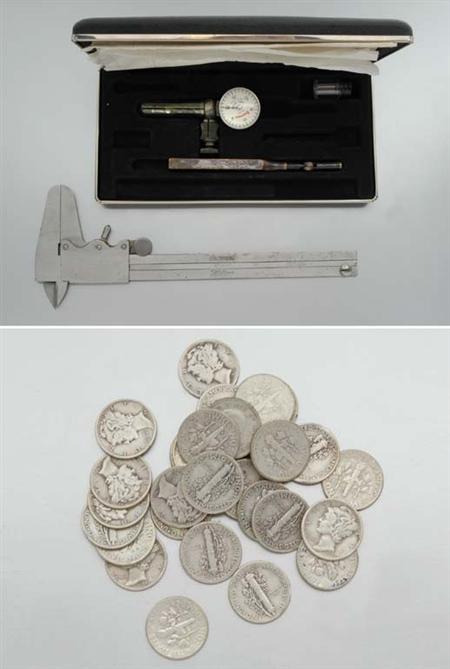 Lot image - Assorted U.S. Silver Coins amd Two Machinist Tools