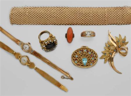 Lot image - Group of Gold and Metal Jewelry and Assorted U.S. Coins