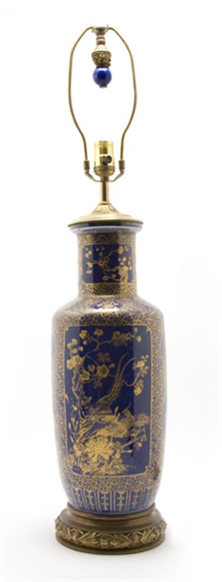 Lot image - Chinese Gilt Decorated Blue Glazed Porcelain Rouleau Vase