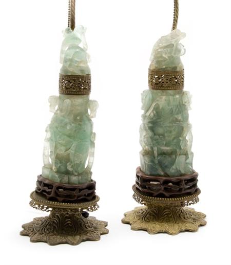 Lot image - Pair of Green Quartz Covered Vases