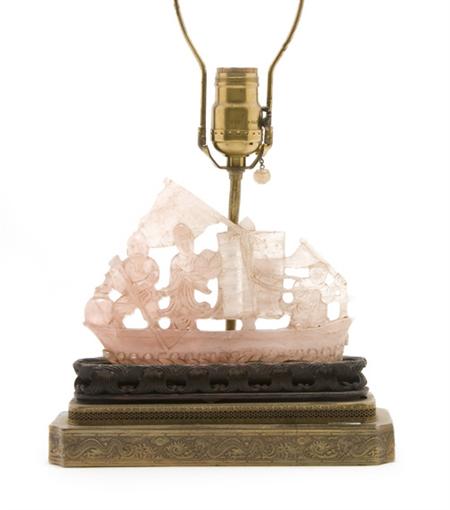 Lot image - Chinese Rose Quartz Carving of Figures on a Boat