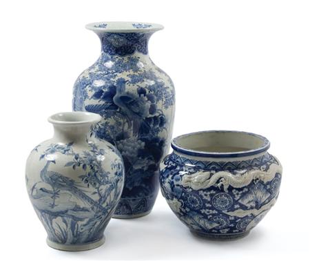 Lot image - Group of Three Japanese Blue and White Glazed Porcelain Articles