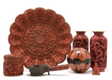 Lot image - Group of Chinese Cinnabar Lacquer Type Articles