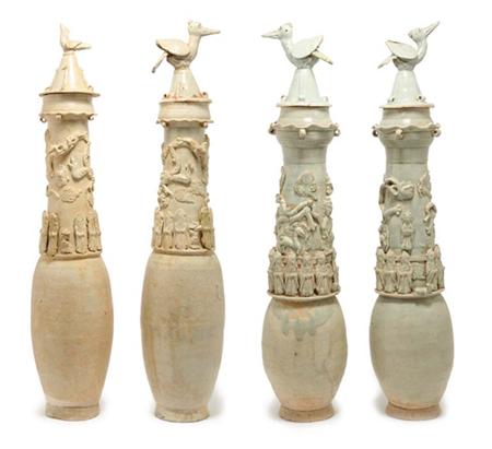 Lot image - Group of Four Chinese Celadon Glazed Pottery Burial Urns