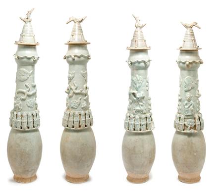 Lot image - Two Chinese Celadon Glaze Pottery Burial Urns