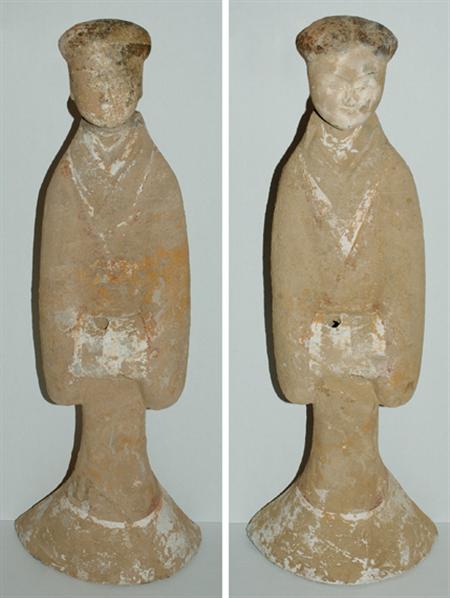 Lot image - Pair of Chinese Painted Pottery Attendant Figures