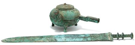 Lot image - Chinese Bronze Tripod Kettle; Together with a Han Style Bronze Sword