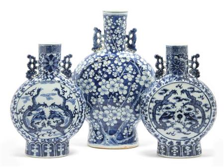 Lot image - Group of Three Blue and White Glazed Porcelain Moon Flasks