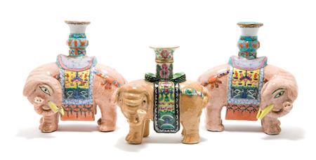 Lot image - Pair of Famille Rose Glazed Porcelain Elephant Candlesticks; Together with a Similar Elephant
