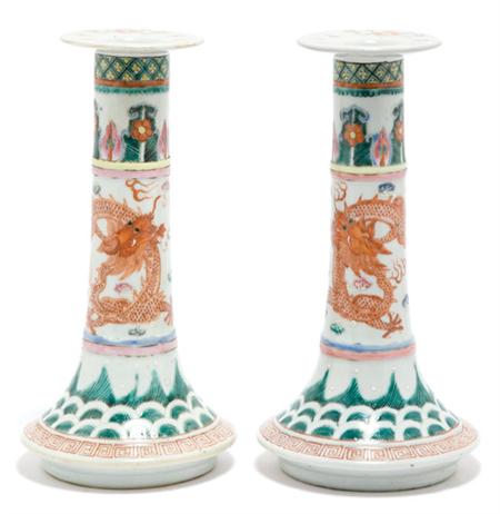 Lot image - Pair of Chinese Famille Rose Glazed Porcelain Candlesticks
