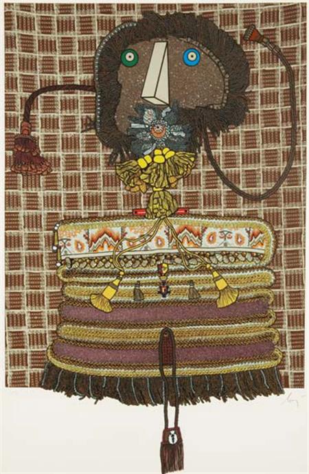 Lot image - Enrico Baj ANTOINETTE DU LIGIER DE LA GARE DESHOULIERE Color etching and collage