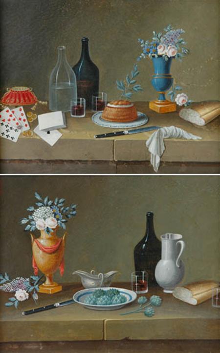Lot image - Paul Lelong French, 1799-1846 Still Lifes with Fruit, Kitchenware, Bread and Artichokes on Ledges: Four
