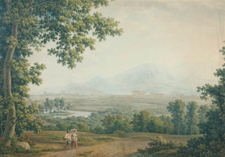 Lot image - Italian School 19th Century Figures in an Extensive Landscape with the Temples of Paestum in the Background