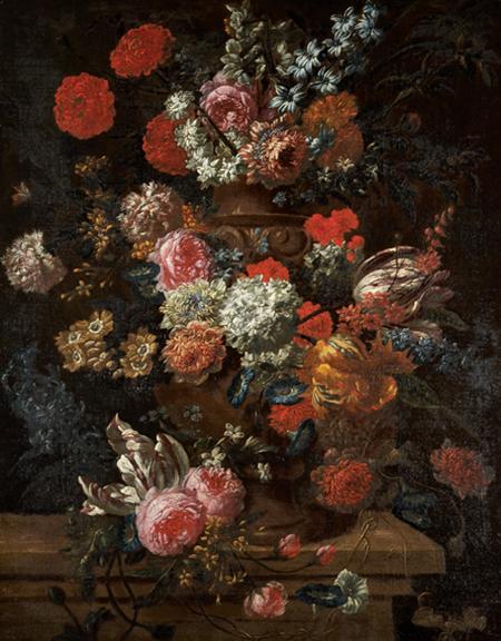 Lot image - Attributed to Jean-Baptiste Bosschaert Still Life with Tulips, Roses, Carnations and Other Flowers in an Urn