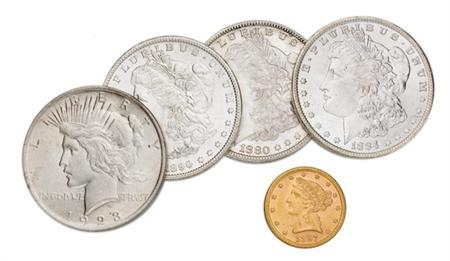 Lot image - 1897 $5 Liberty Head, Three Morgan and One Peace Dollar