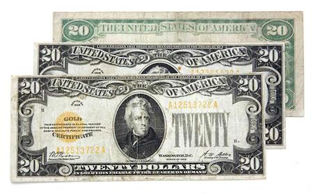 Lot image - $20 Three 1928 Gold Certificates, Fr. 2402