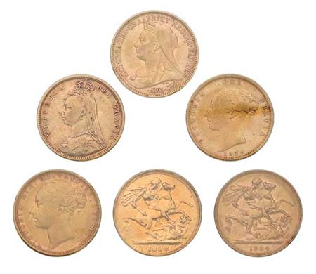Lot image - Great Britain, Six Victoria Sovereigns
