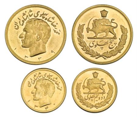 Lot image - Iran, Shah Type, 2 1/2 Pahlavi and 5 Pahlavi Gold, Km 1163, 1164