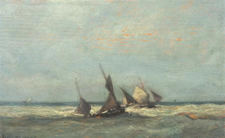 Lot image - Jules Dupre French, 1811-1889 Barques de Peche en Mer, circa 1870