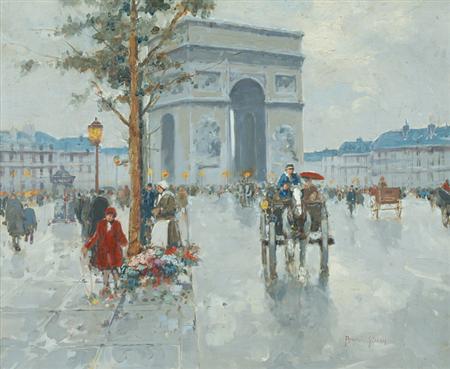 Lot image - Andre Gisson American/French, 1921-2003 Figures and Carriages before the Arc de Triomphe