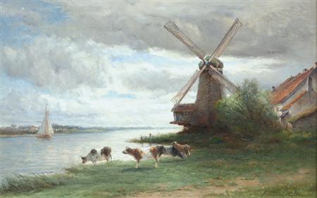 Lot image - Hendrik Dirk Kruseman van Elten Dutch, 1829-1904 Cattle Watering Before a Windmill