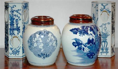 Lot image - Two Similar Chinese Export Blue and White Porcelain Hat Stands and Two Covered Jars