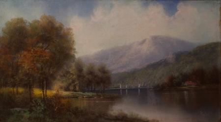 Lot image - S. Phillips 20th Century Lake and Cottages before a Mountainside